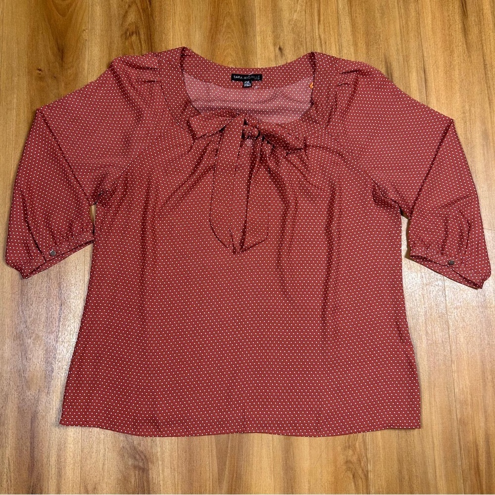 Sara Michelle Polka Dot Tie Front Blouse 3/4 Sleeve Orange White PXL